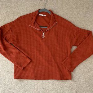 Long sleeve waffle-knit quarter zip top